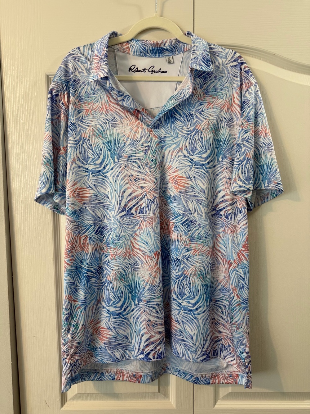 Robert Graham Blue and Coral Palm-Print Polo